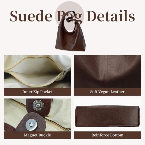 Leather Hobo Bags for Women Slouchy Tote Bag Retro PU Leather Purse Soft Shoulde - Picture 4 of 7